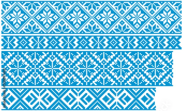 Fototapeta Seamless ribbons, belts for embroidery. Belarusian and Ukrainian patterns for cross stitching. Pixel factory boho pattern for decorating clothes, bags, accessories. Traditional seamless pattern