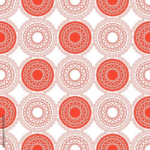 Fototapeta Repeating pattern where stars and circles are combined into a harmonious rhythm. For the design of fabrics, posters, packaging, wrappers, and web backgrounds.