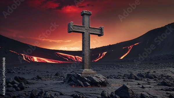 Fototapeta Metallic cross standing near lava coming from a volcano