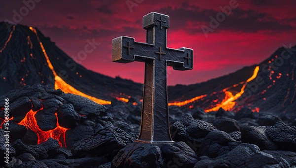 Fototapeta Metallic cross standing near lava coming from a volcano