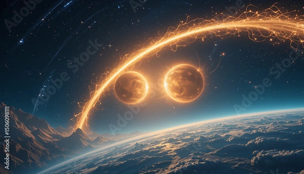 Obraz Twin suns pirouetting in a stellar ballet, flaring golden arcs across sapphire planetary skies