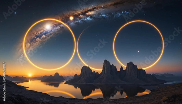 Obraz Twin suns pirouetting in a stellar ballet, flaring golden arcs across sapphire planetary skies
