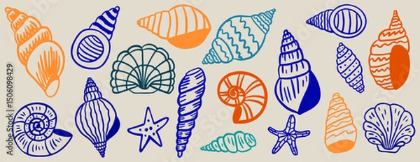 Obraz Seashell hand drawn colorful set.   Summer beach shells collection. Vectotr illustration