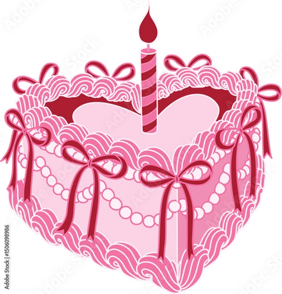 Obraz Line art drawing bow ribbons around pink heart shape Happy Birthday cake , clipart coquette aesthetic for design element . Vector illustration.	