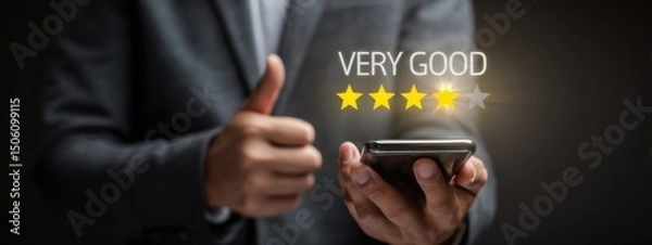 Obraz Online customer satisfaction Survey service concept. Person giving thumbs up for a positive review with smartphone in hand highlighting very good rating stars