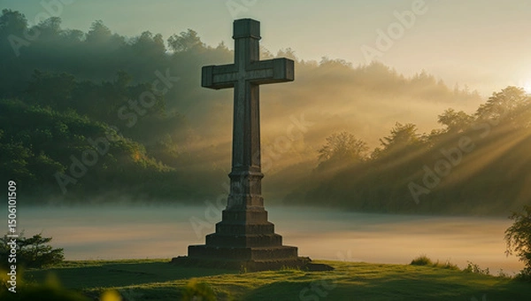 Fototapeta Huge stone cross built on an island under the sunlight