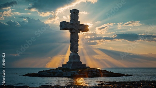 Fototapeta Huge stone cross built on an island under the sunlight