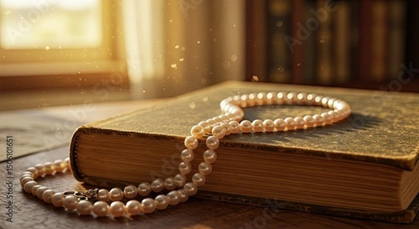 Obraz A close-up image showcasing a pearl necklace draped delicately over an antique book. Warm sunlight streams through a window illuminating the scene creating a vintage aesthetic.