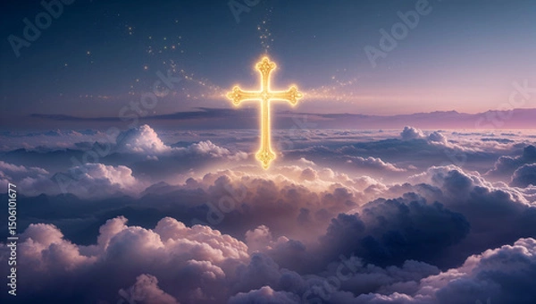 Fototapeta Beautiful golden cross floating high in the sky