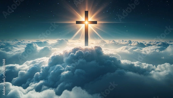 Fototapeta Beautiful golden cross floating high in the sky
