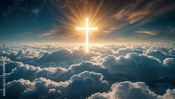 Fototapeta Beautiful golden cross floating high in the sky