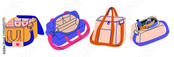 Obraz Colorful travel coller bag set. Open and closed bags. Travel graphic hand drawn element