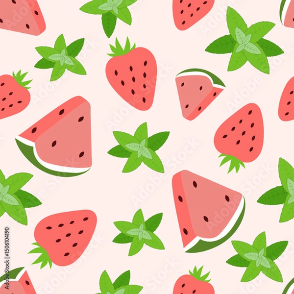 Fototapeta Seamless pattern with watermelon slices, strawberries and mint leaves. Summer print. Suitable for packaging, printing, textiles. Vector flat illustration.