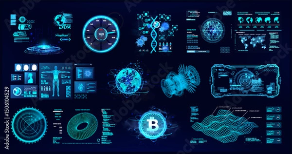 Fototapeta Sci-fi colorful HUD interface. Hi-tech UI with 3D elements - medicine, earth globe, bitcoin, technology. Control center dashboard with HUD, UI elements for games, interface, VR. Sci-fi graphic pack