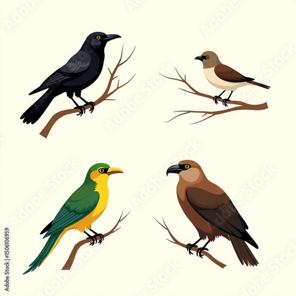 Fototapeta Photo of Four different species of birds isolated on white background