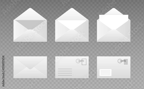 Obraz Envelopes with letter closed, open, with postage stamp. Folded and unfolded white paper envelope set. Vector clip art collection