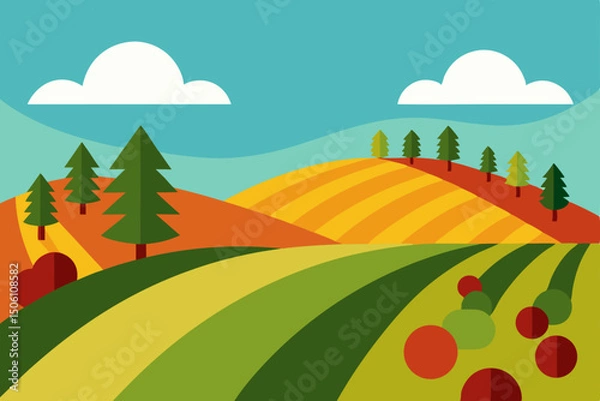 Fototapeta Vector illustration of an autumn rural landscape with trees, green grass, and a sunny sky