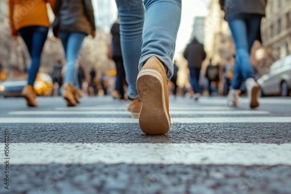 Obraz A group of people crosses a street on a pedestrian crosswalk in a big city, low close up view of legs on shoes