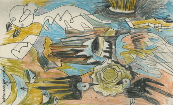 Fototapeta Expressive hand-drawn abstract illustration — three stylized birds, organic shapes and surreal flow of color. Colored pencil composition in dynamic imaginative style.