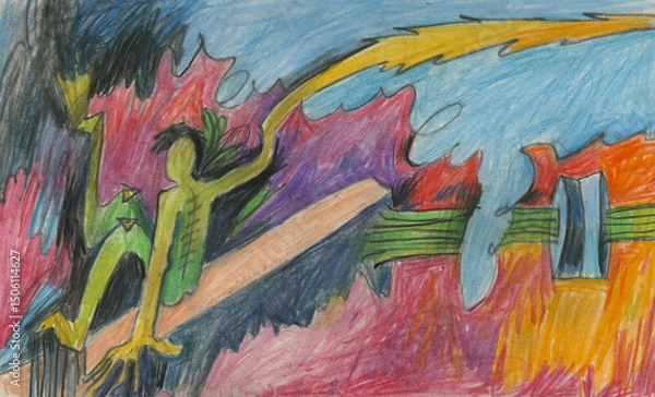 Fototapeta Expressive hand-drawn surreal illustration of a green humanoid creature on dynamic abstract background. Colored pencil drawing with intense emotion and vivid fantasy atmosphere.