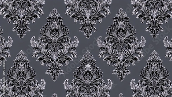 Fototapeta A repetitive damask pattern with black and white floral designs on a gray background in a seamless repeat