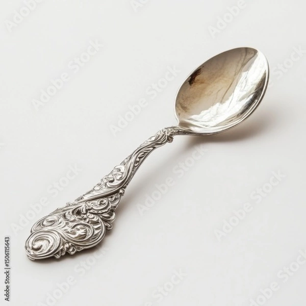 Fototapeta Ornate Silver Spoon with Intricate Design on a Plain Background