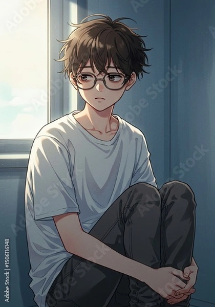 Obraz A young person sits by a window deep in thought. They wear a white t-shirt and glasses. The image has a soft, melancholic atmosphere with pixelated artistic style.