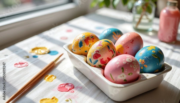 Fototapeta Decoratively painted Easter eggs sit in a dish on a bright table, surrounded by art supplies and splashes of paint