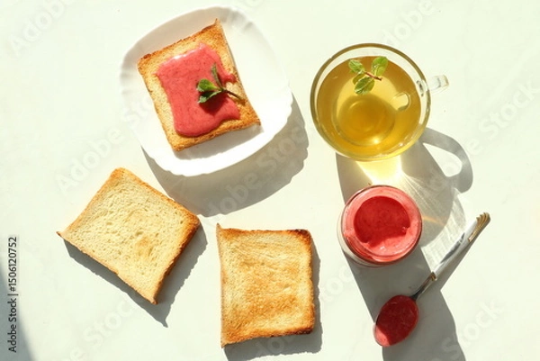 Fototapeta Tasty breakfast with toasts on table