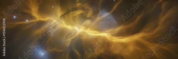 Obraz Glowing Gold Nebula in Dark Space, abstract light cosmic background