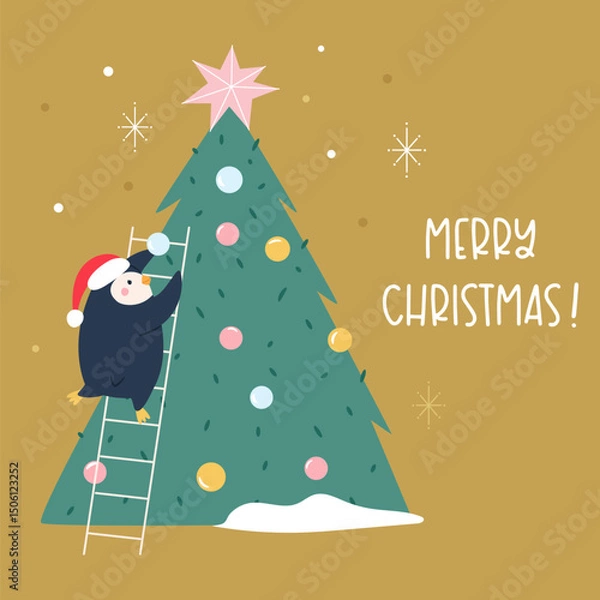 Fototapeta Cute Hand Drawn Christmas Card with Funny Penguin Decorating Christmas Tree. Fun Winter Holiday Illustration for Seasonal Greetings