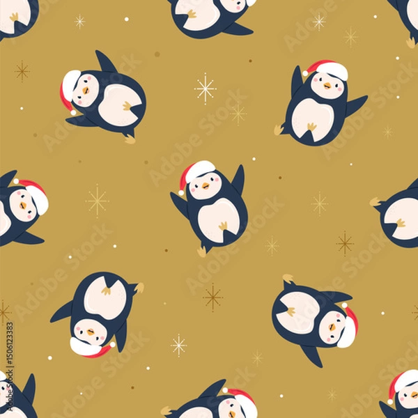 Fototapeta Cute Christmas Pattern with Snowman in Hats, Pink Birds Forest Trees. Festive Illustration for Holiday Wrapping Paper, Gift Boxes, Textile