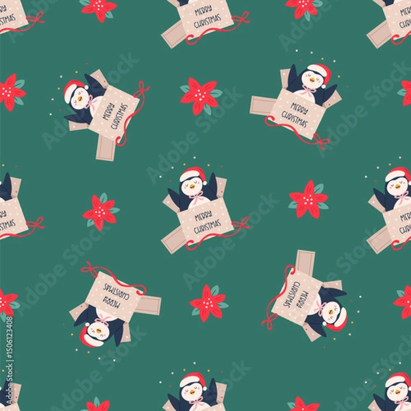 Fototapeta Cute Christmas Pattern with Snowman in Hats, Pink Birds Forest Trees. Festive Illustration for Holiday Wrapping Paper, Gift Boxes, Textile