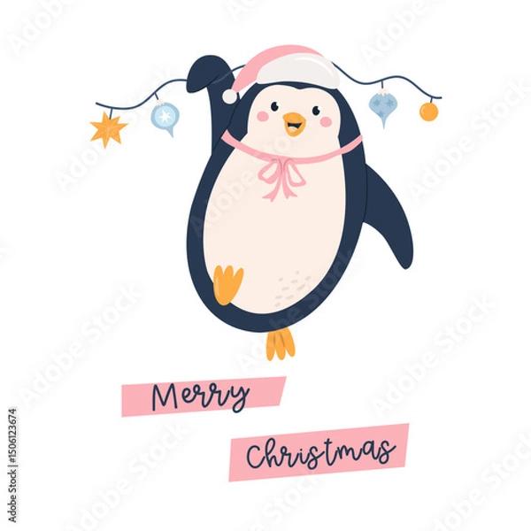 Fototapeta Funny Christmas Card with Adorable Penguin in a Santa Hat Hanging on Garland