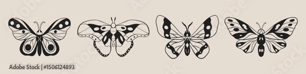 Fototapeta Butterflies vector set. Cartoon moth and butterfly silhouettes abstract simple shapes, creative fashion doodle icons. Vector isolated set