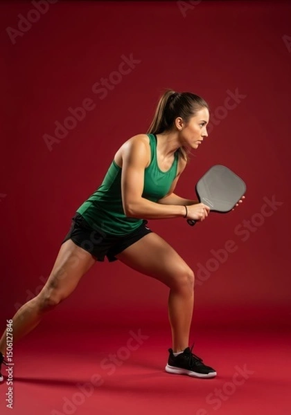 Obraz Woman Engaged in Competitive Pickleball Stance on Red Background