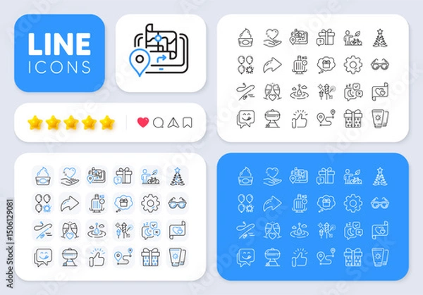 Fototapeta Fishing rod, Journey and Balloon dart line icons for web app. Message, Share, Like social media icons. Pack of Ice cream, Fishing float, Wedding glasses pictogram icons. Vector