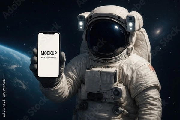 Fototapeta Astronaut Holding a Mobile Phone Mockup in Space