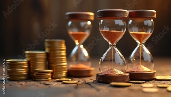 Obraz Image shows hourglasses, golden coins. Sand flows, time money concept, finance, banking, investment, budget, profit. Wealth management, economic, countdown, value, time management, financial success,