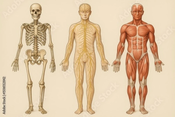 Fototapeta Illustration of the Systems of the Human Body, Skeleton, Nervous, and Muscular System