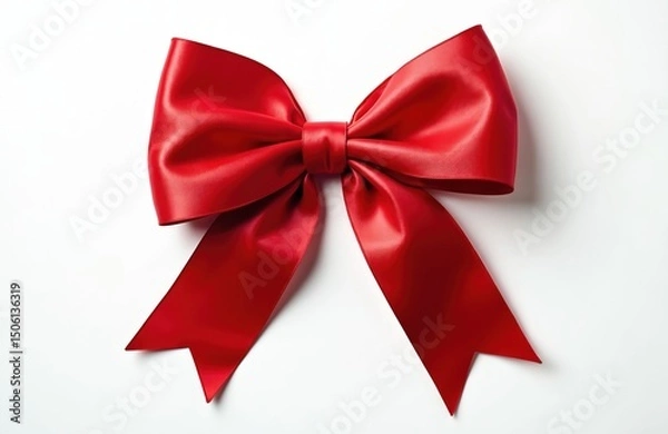 Obraz Red ribbon bow isolated on white background. Gift present for festive events. Symbol of celebration, holiday. Valentine day, wedding, anniversary concept. Shiny satin silk decor.