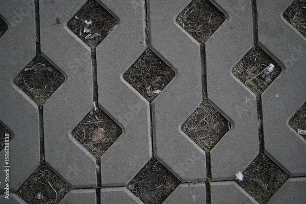 Fototapeta Background texture of square tiles made of gray natural stone. Concrete street covering of road, geometric paving pattern, green lawn and eco parking, green parking, sustainable development city	
