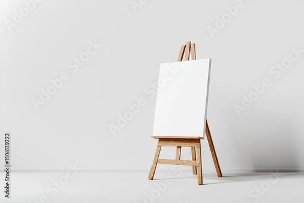 Fototapeta Blank canvas on wooden easel against a white wall, ready for artistic creation.