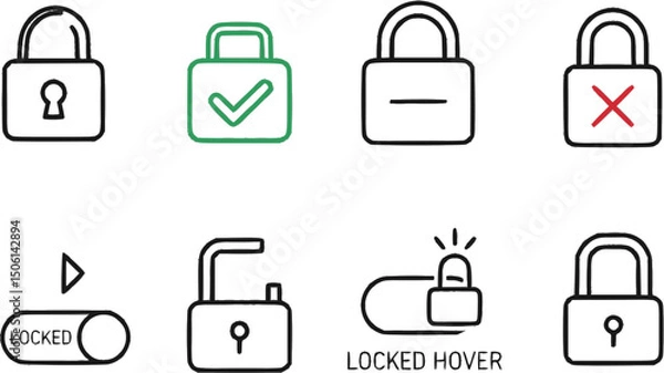 Fototapeta outline vector icons of lock indicators: locked status icon, green check lock, red cross lock, neutral padlock, animated lock icon, toggle icon with padlock, locked hover effect, tooltip lock