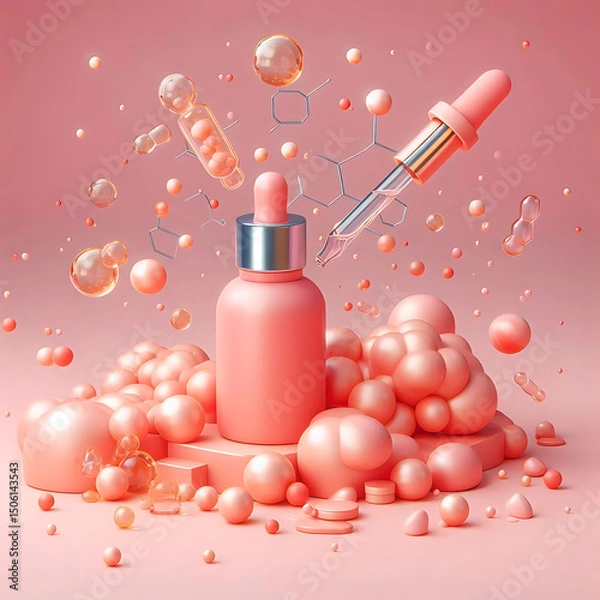 Fototapeta Realistic serum drops on pink surface background. Vector illustration of 3d liquid blobs with gel, oil, collagen, jelly, water texture and glossy surface. Cosmetic beauty care product with hyaluron