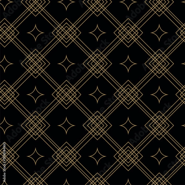 Fototapeta Seamless abstract geometric pattern with gold lines, squares, and shapes on black background. Ideal for fabric, wallpapers, notebooks, gift wrap, packaging, rugs, and branding.