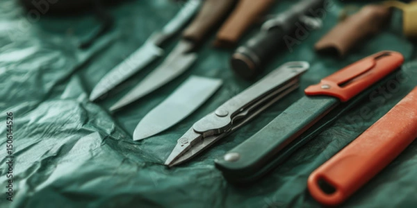 Fototapeta Various knives and multitools are arranged on a textured surface. Concept: tools, utility, craftsmanship