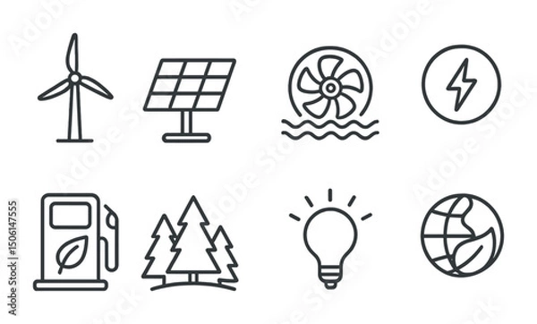 Fototapeta Eco-friendly energy outline icons set – renewable, sustainable, environment symbols