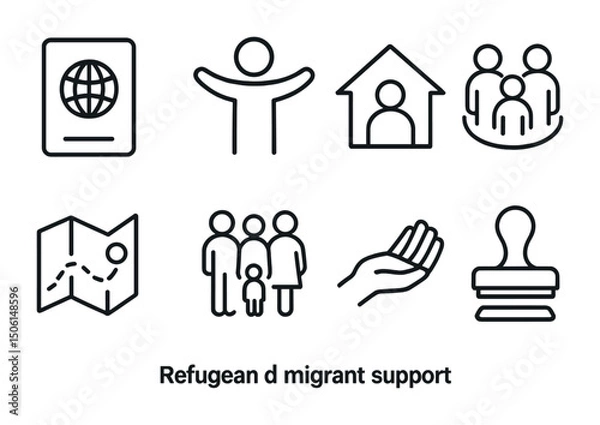 Obraz Refugee and migrant support line icons set – outline, shelter, aid symbols