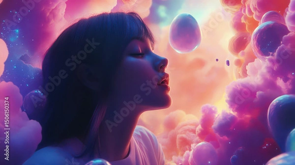 Fototapeta Dreamy Serenity: A portrait of a woman immersed in a vibrant cloudscape, capturing a moment of quiet contemplation and inner peace, amidst the soft hues and surreal floating forms.